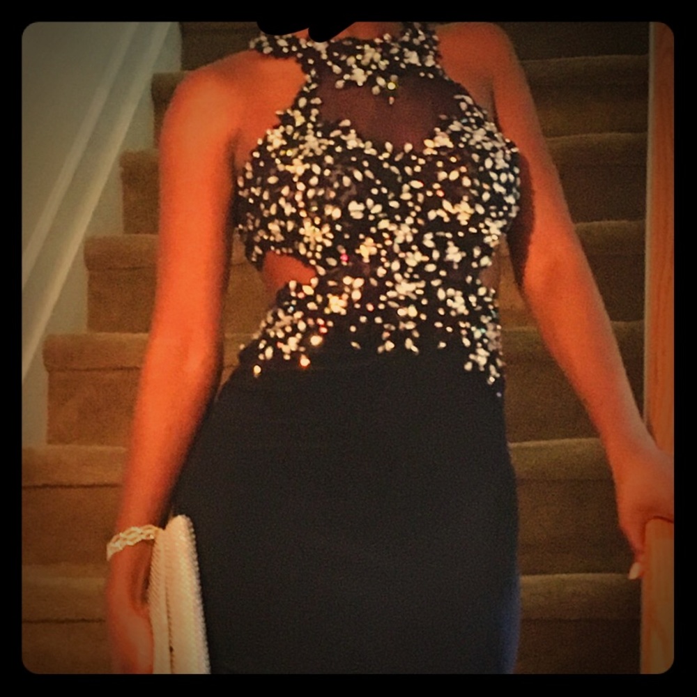 Jeweled backless navy gown